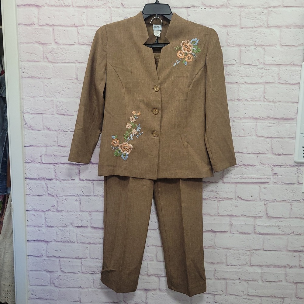 VTG Adrian Delafield Haband Floral Embroidered Pants Suit Set S Retro Business